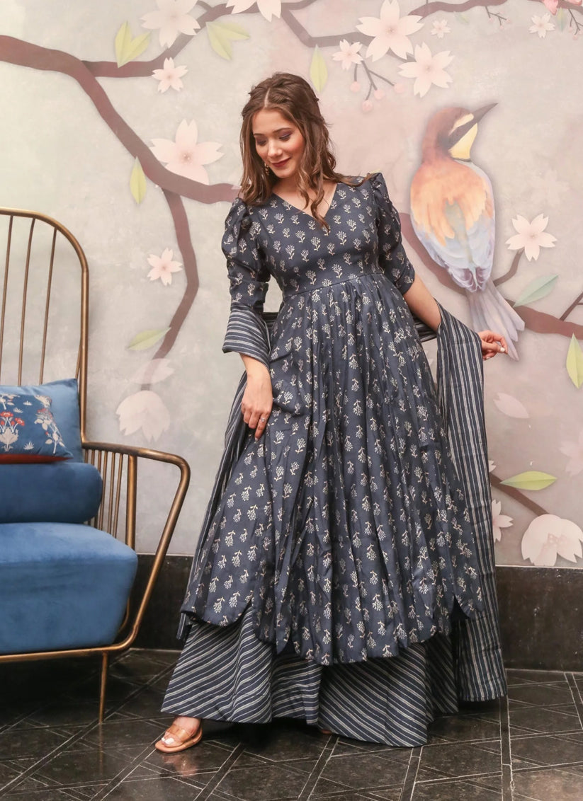 Grey Pure Muslin Sharara Kameez Suit