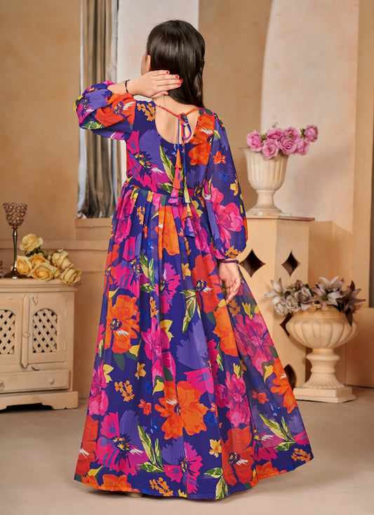 Violet Georgette Printed Girls Gown