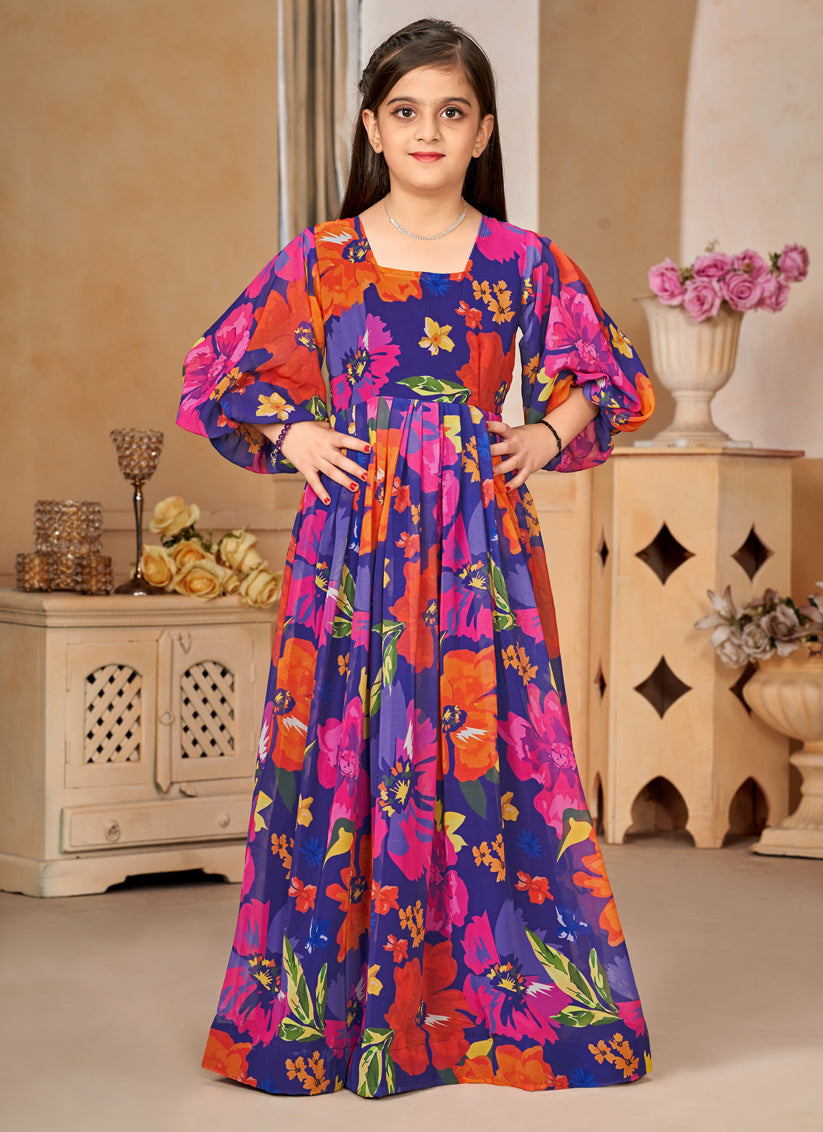 Violet Georgette Printed Girls Gown