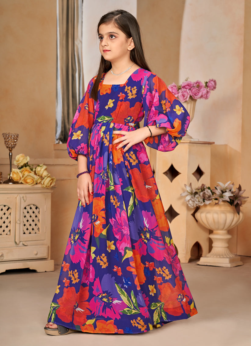Violet Georgette Printed Girls Gown