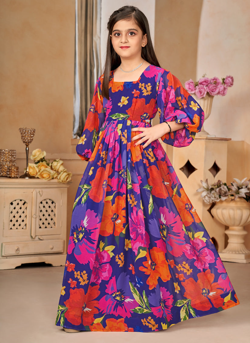 Violet Georgette Printed Girls Gown