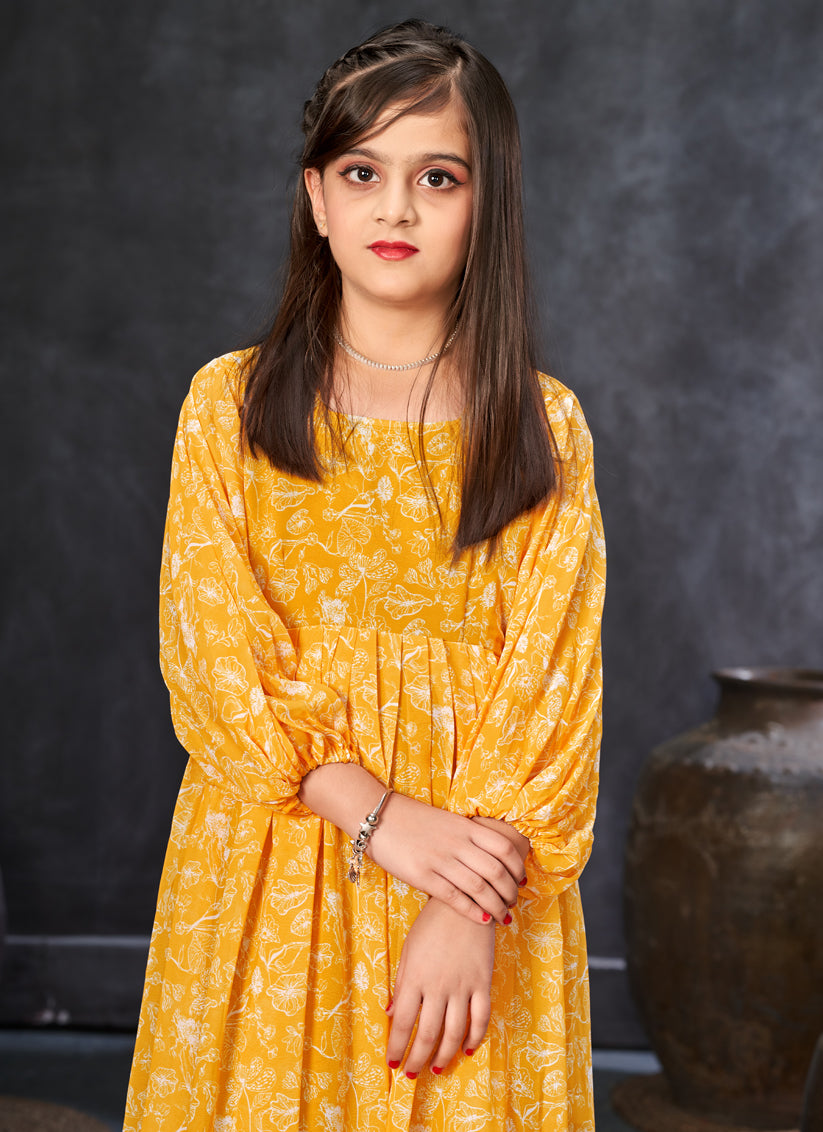 Sunny Yellow Georgette Printed Girls Gown