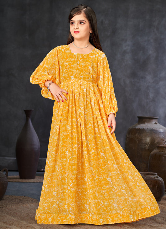 Sunny Yellow Georgette Printed Girls Gown