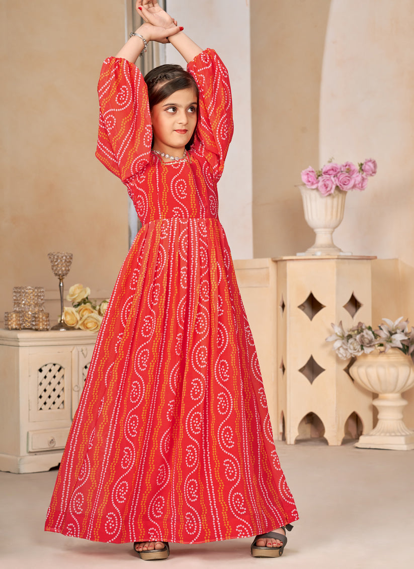 Coral Red Georgette Printed Girls Gown