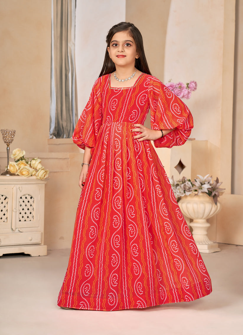 Coral Red Georgette Printed Girls Gown