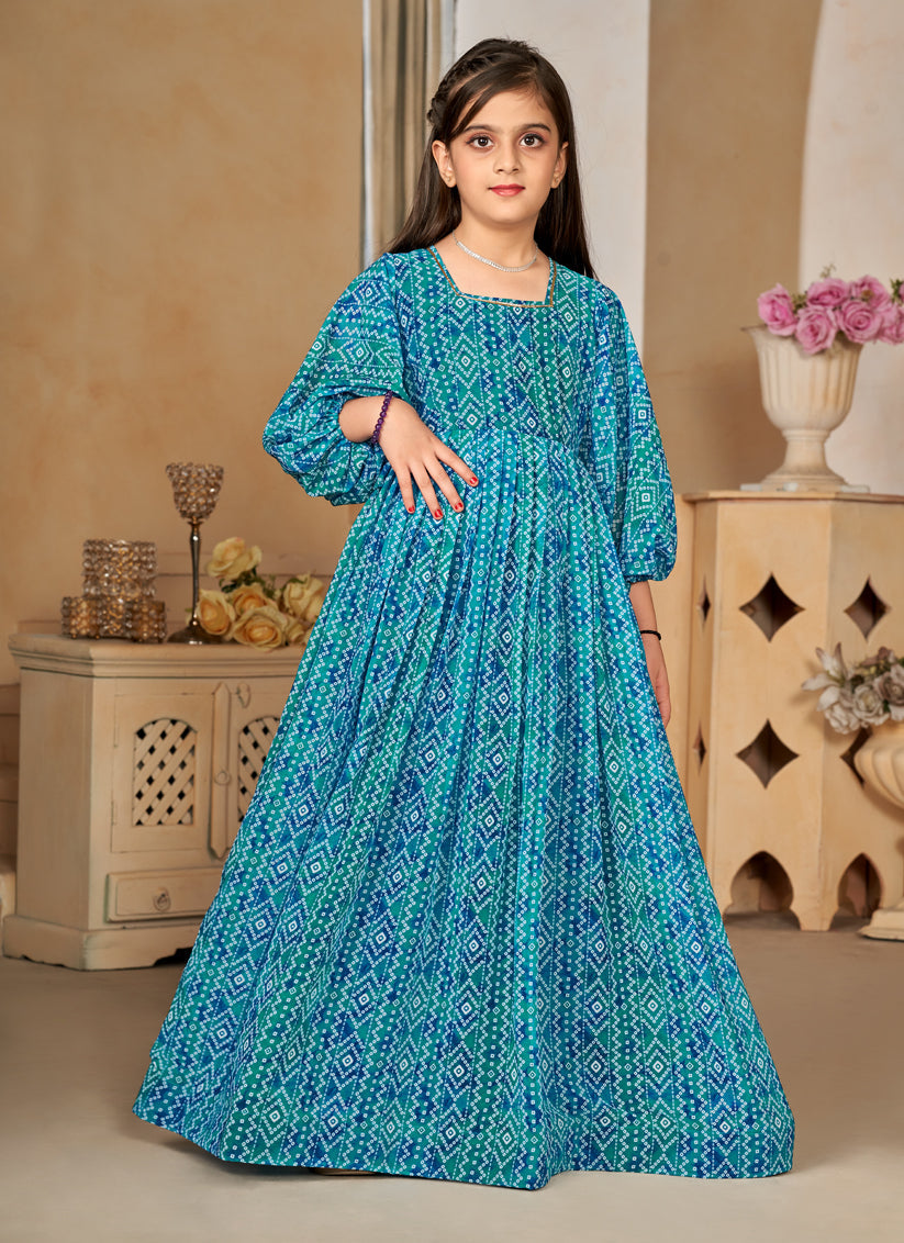 Firozi Georgette Printed Girls Gown