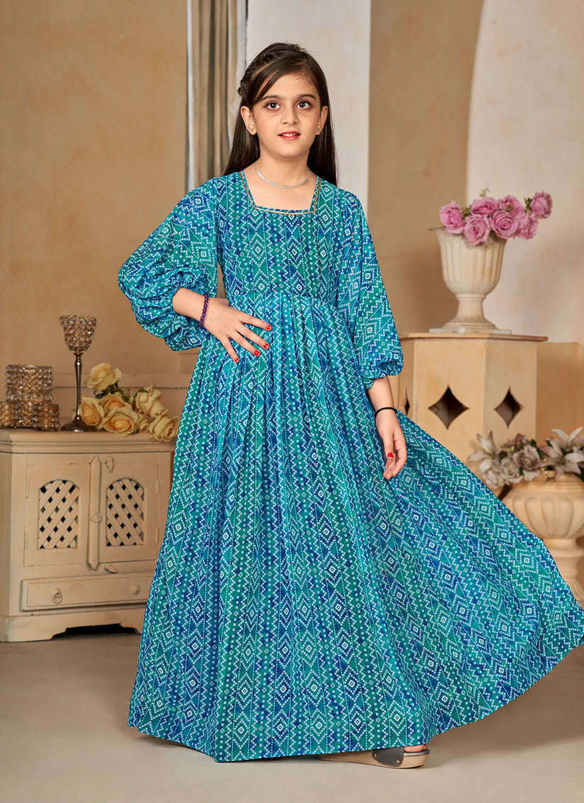 Firozi Georgette Printed Girls Gown