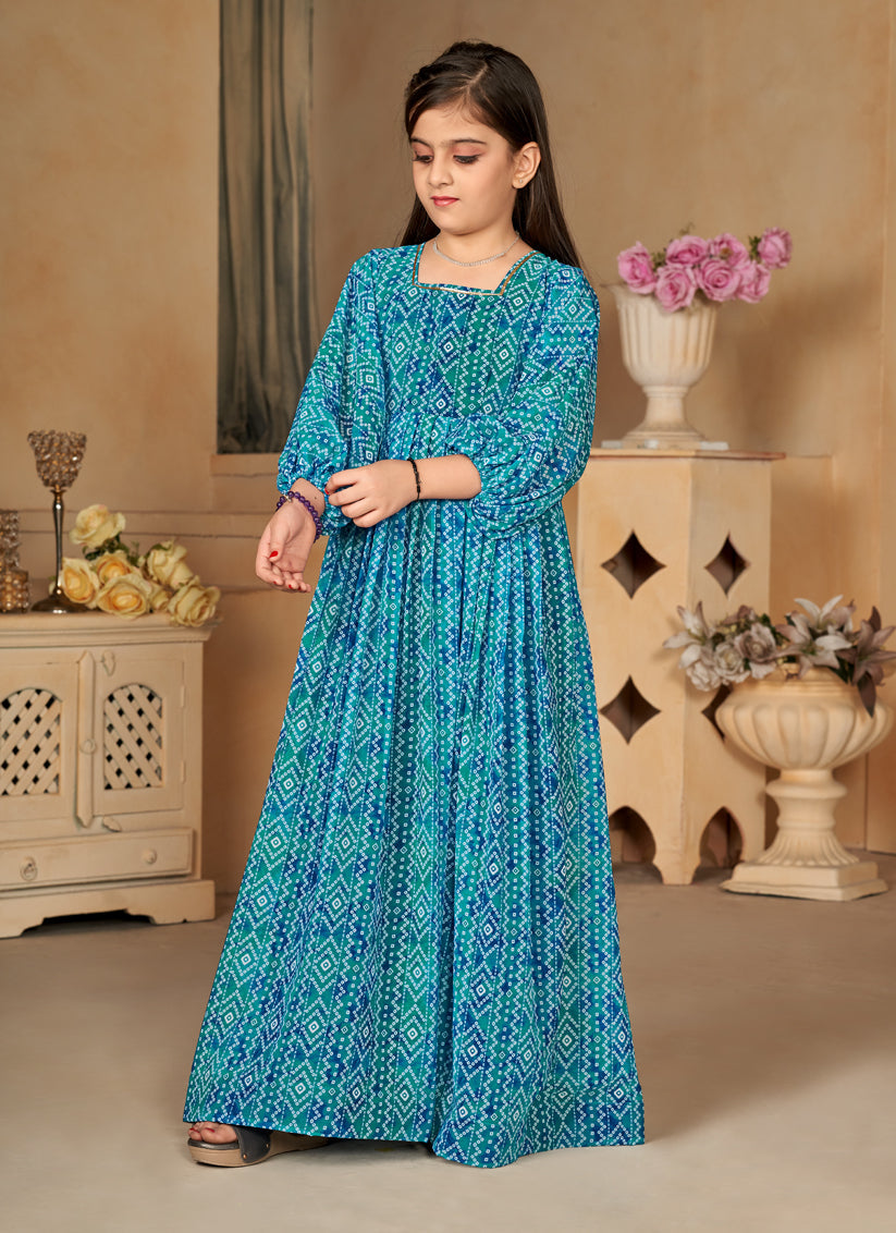 Firozi Georgette Printed Girls Gown