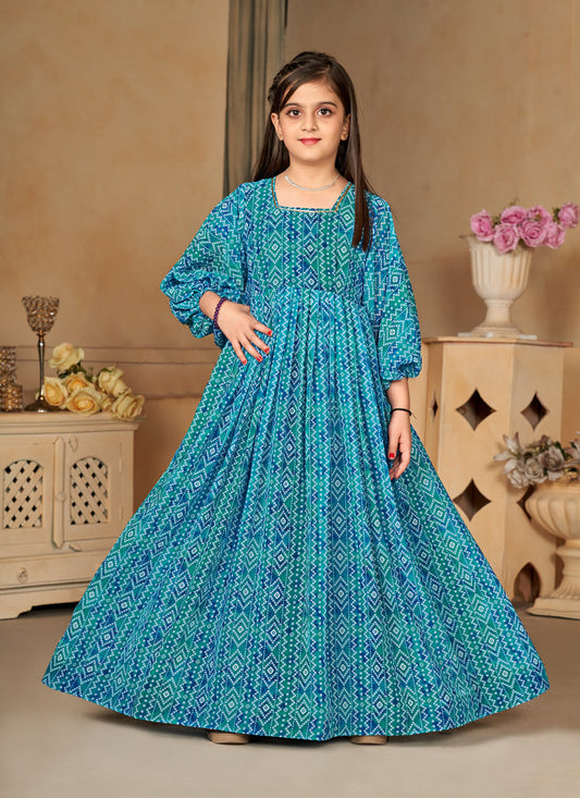 Firozi Georgette Printed Girls Gown