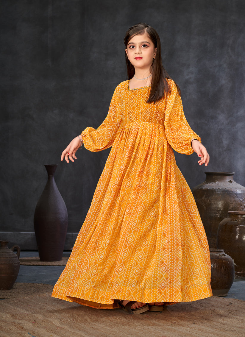 Mustard Georgette Printed Girls Gown