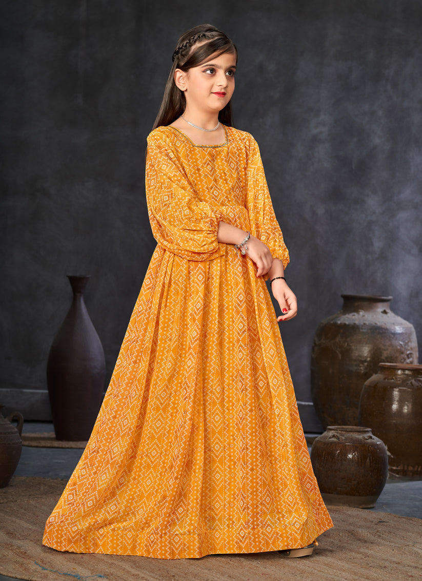 Mustard Georgette Printed Girls Gown