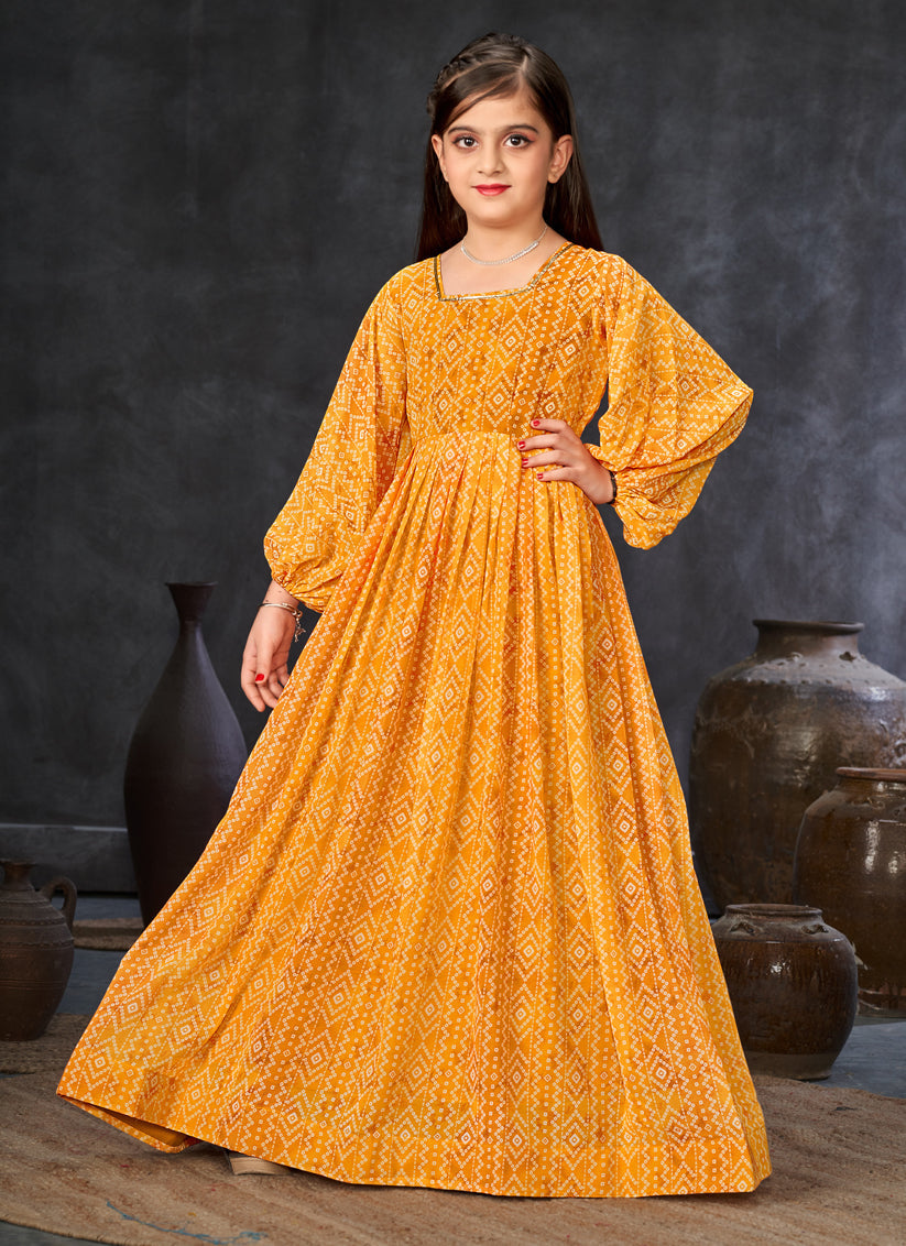 Mustard Georgette Printed Girls Gown