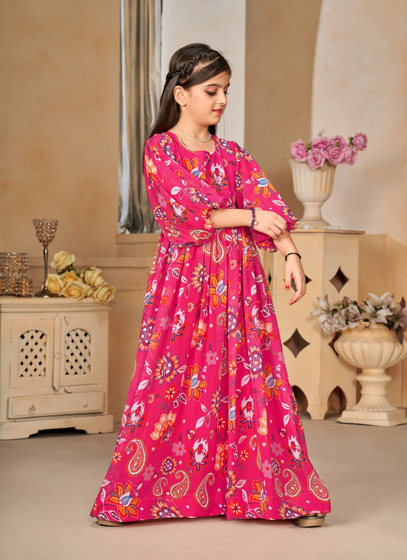 Rani Pink Georgette Printed Girls Gown
