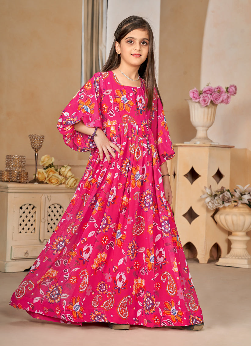 Rani Pink Georgette Printed Girls Gown