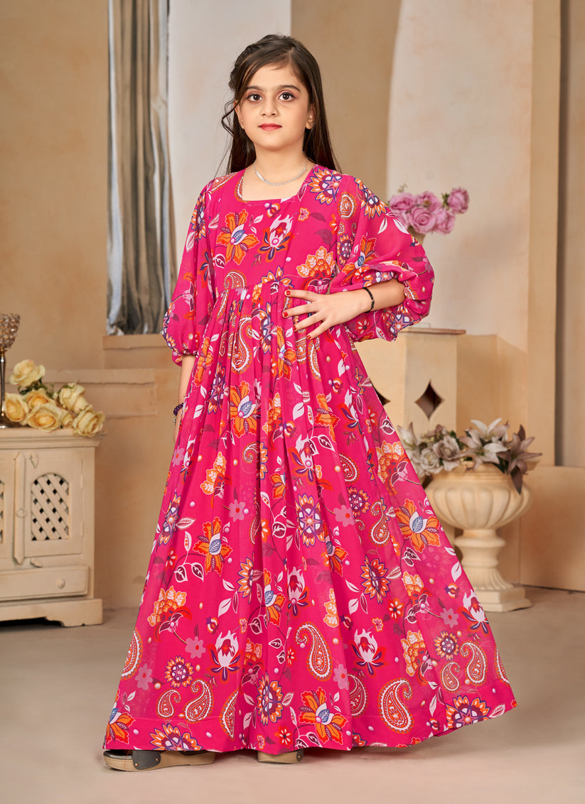 Rani Pink Georgette Printed Girls Gown