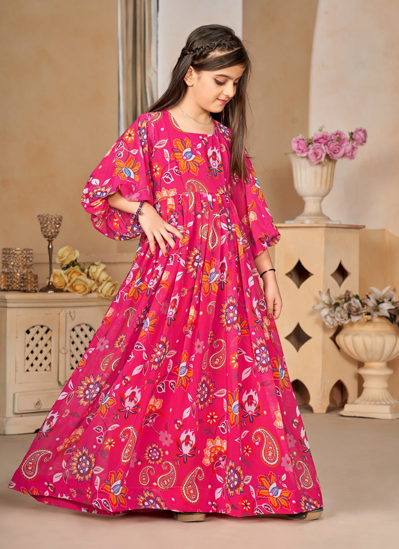 Rani Pink Georgette Printed Girls Gown