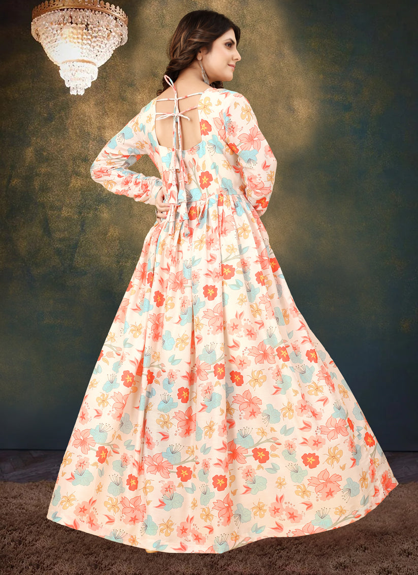 Cream Muslin Digital Printed Gown