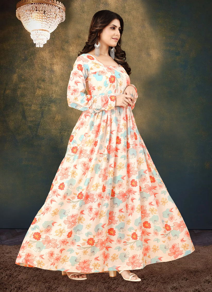 Cream Muslin Digital Printed Gown