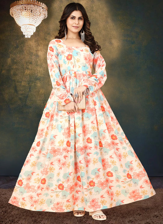 Cream Muslin Digital Printed Gown