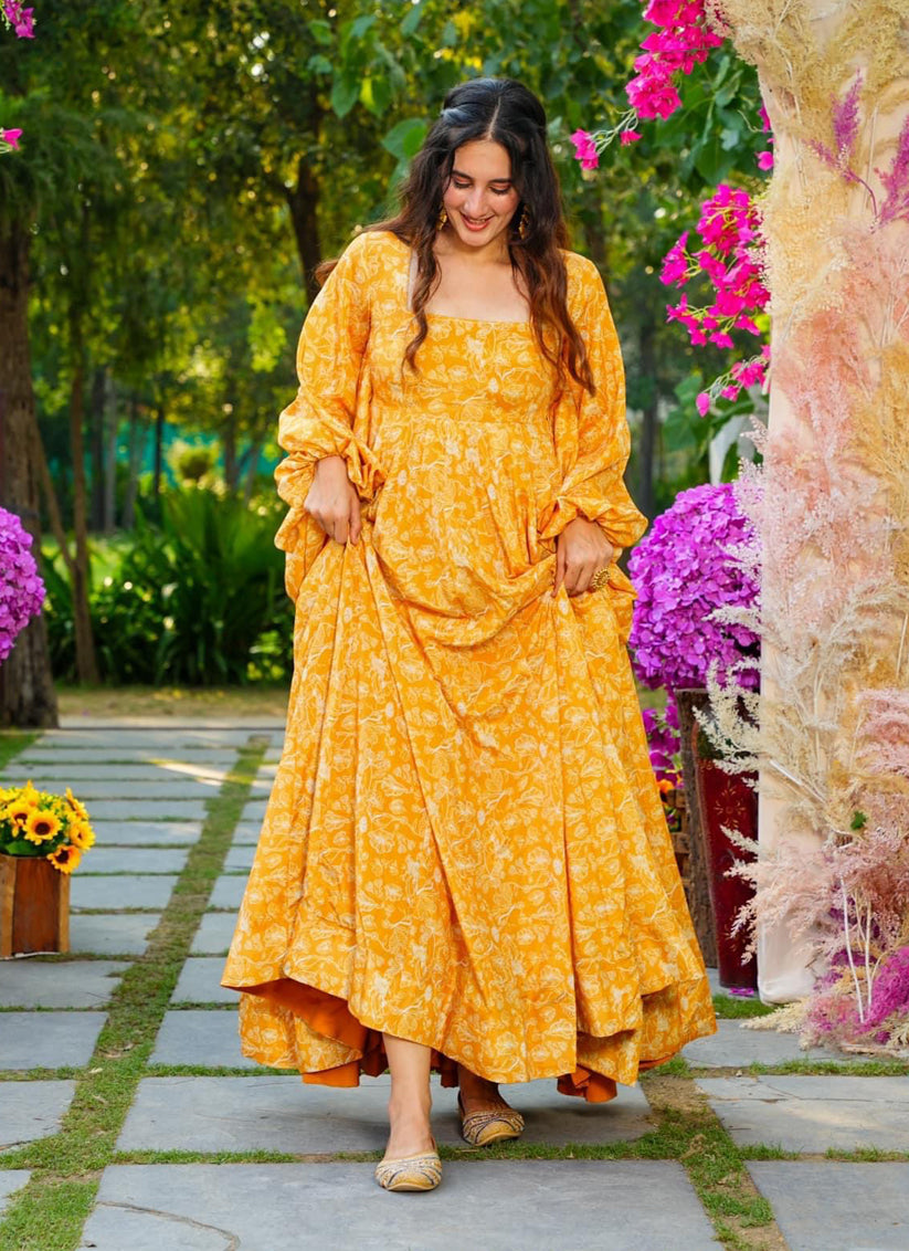 Golden Yellow Heavy Georgette Digital Printed Gown