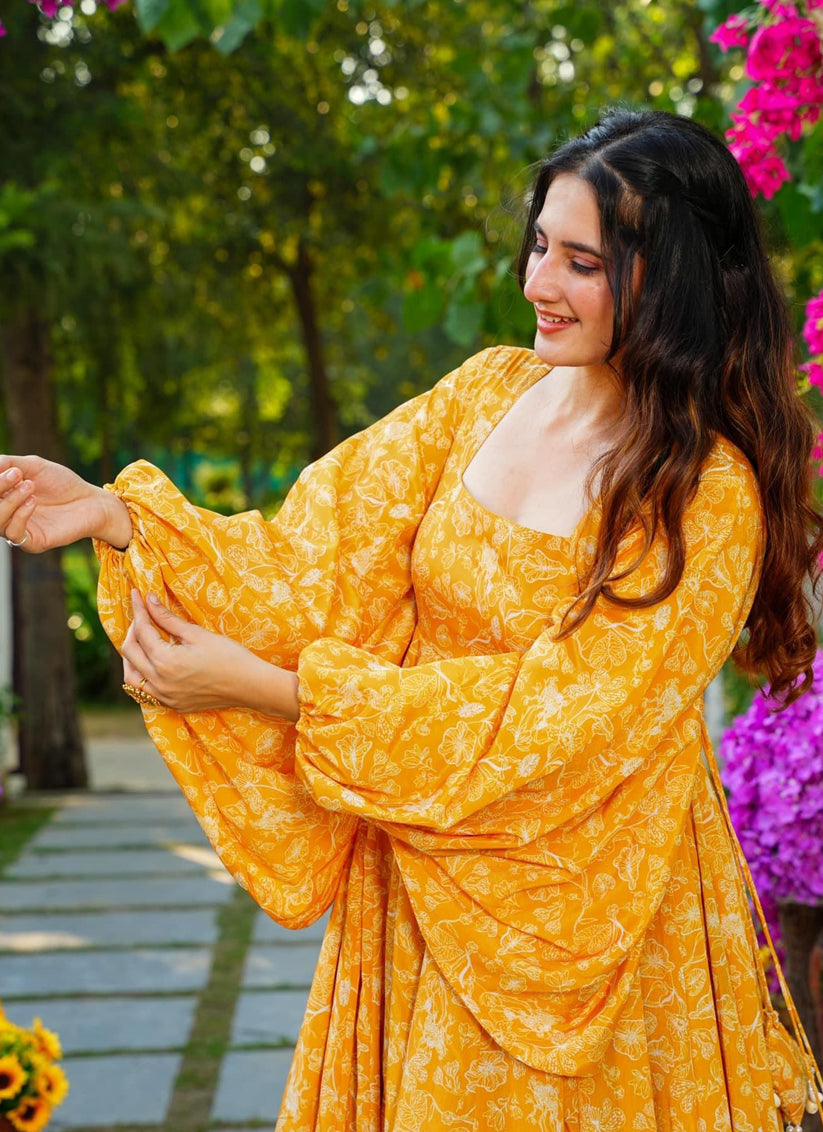 Golden Yellow Heavy Georgette Digital Printed Gown