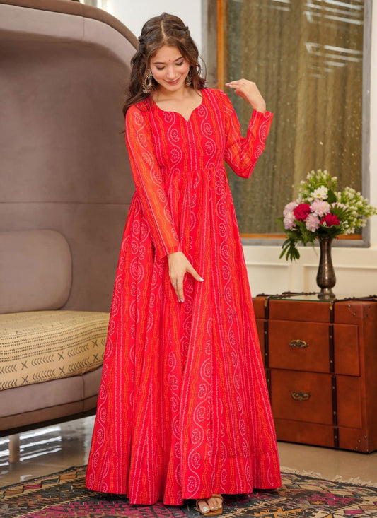 Red Heavy Georgette Digital Printed Gown