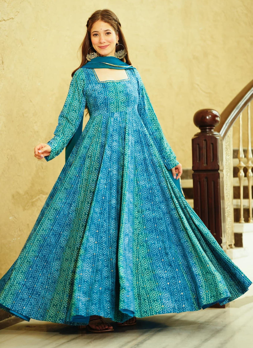 Azure Blue Heavy Georgette Digital Printed Gown