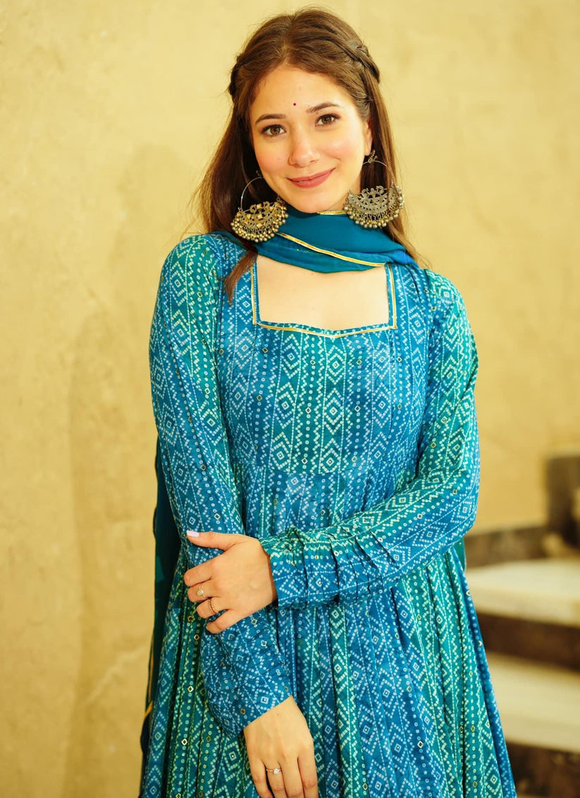 Azure Blue Heavy Georgette Digital Printed Gown