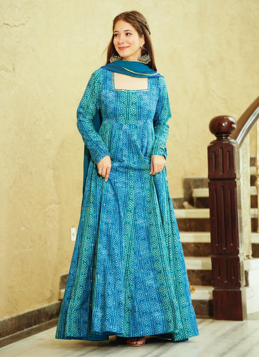 Azure Blue Heavy Georgette Digital Printed Gown