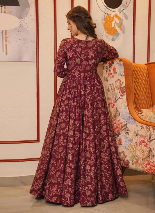 Maroon Faux Georgette Gown with Muslin Shrug