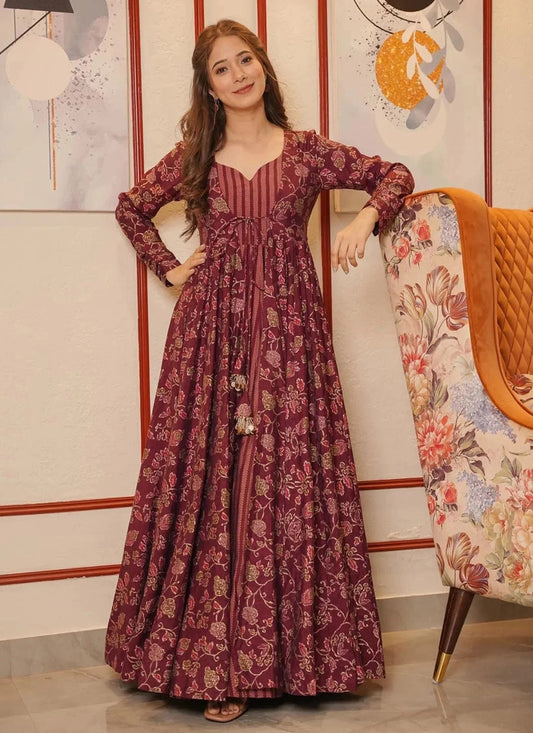 Maroon Faux Georgette Gown with Muslin Shrug