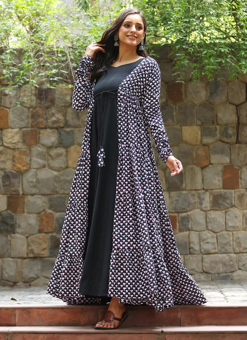 Black Faux Georgette Gown with Muslin Shrug