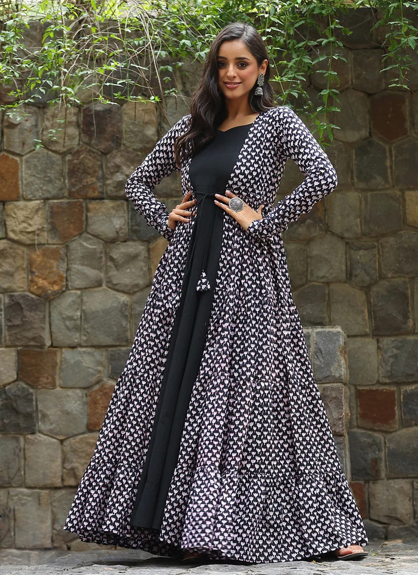 Black Faux Georgette Gown with Muslin Shrug