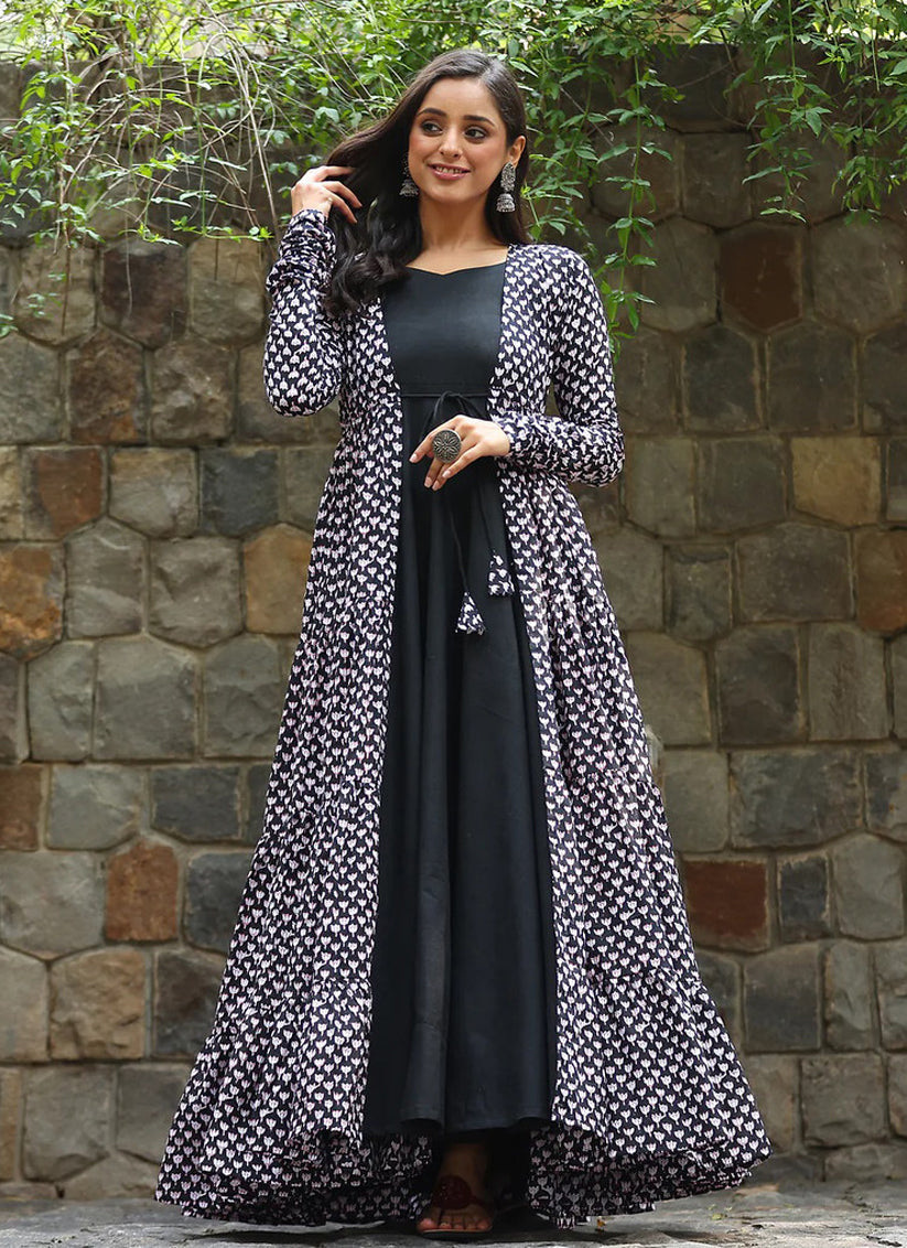 Black Faux Georgette Gown with Muslin Shrug