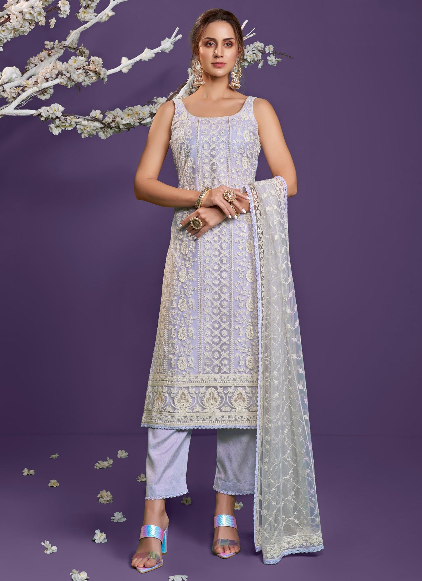 Lavender Net Embroidered Trouser Kameez Set