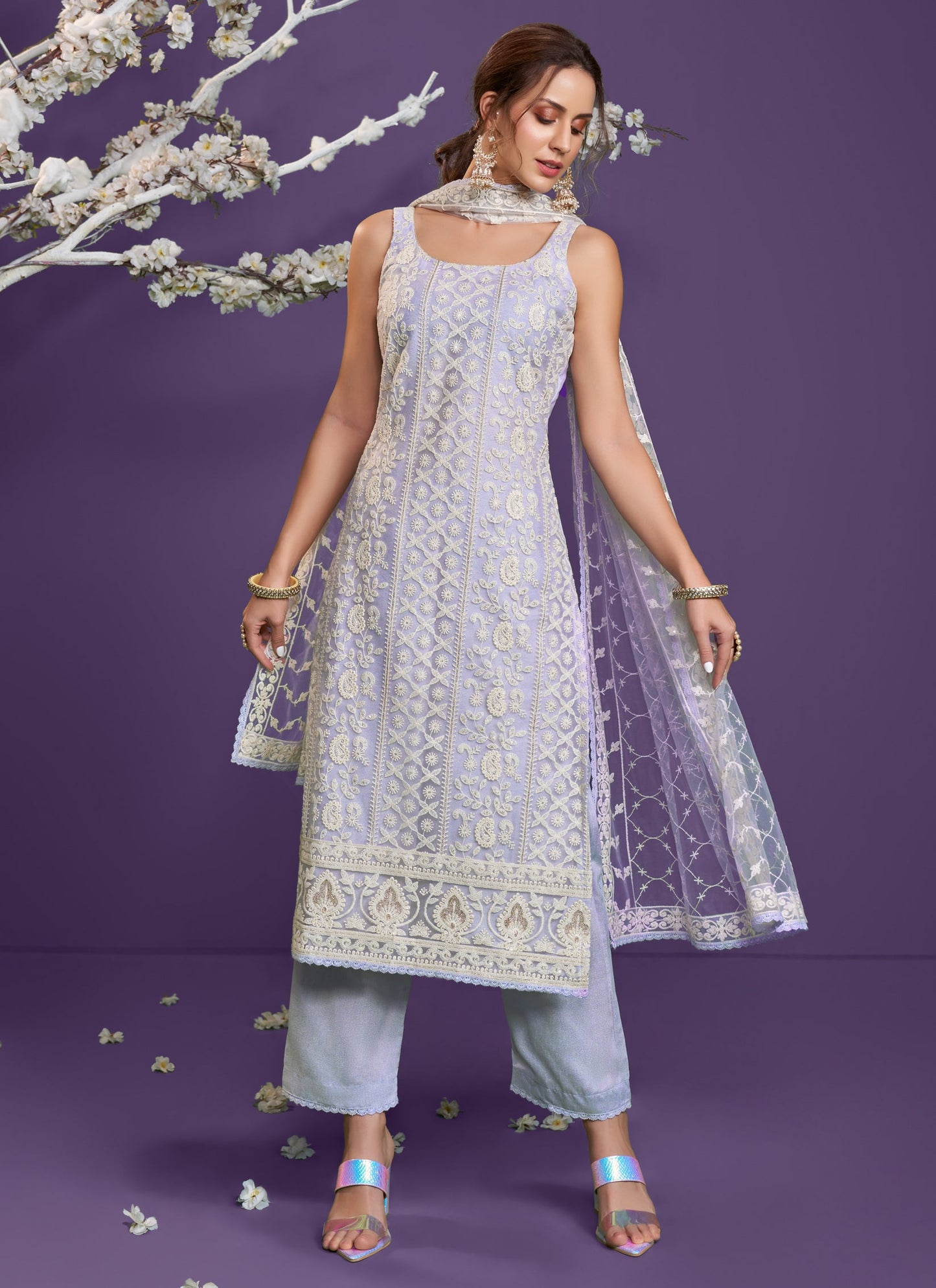 Lavender Net Embroidered Trouser Kameez Set