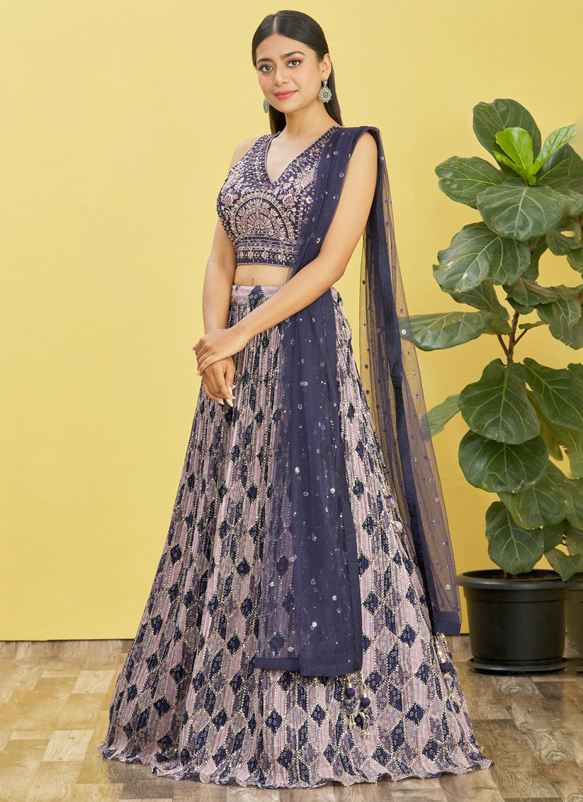 Navy Blue Chinnon Designer Lehenga Choli Set