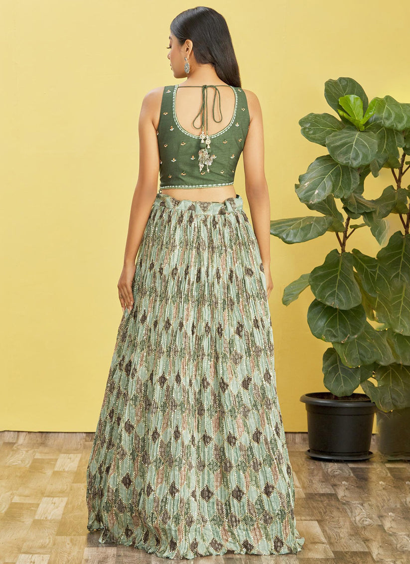 Olive Green Chinnon Designer Lehenga Choli Set