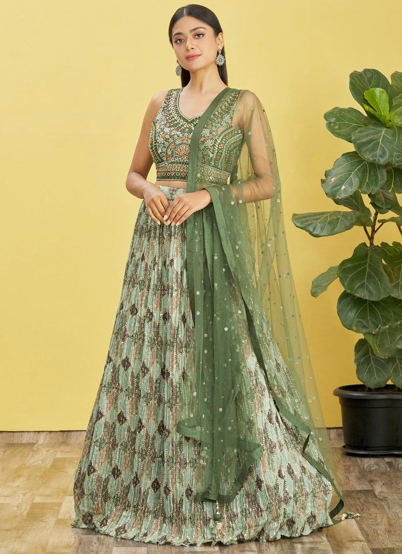 Olive Green Chinnon Designer Lehenga Choli Set