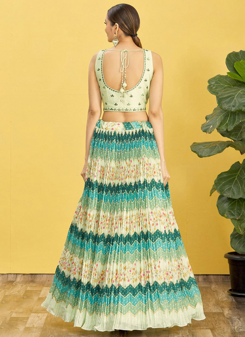 Rama Green Chinnon Designer Lehenga Choli Set