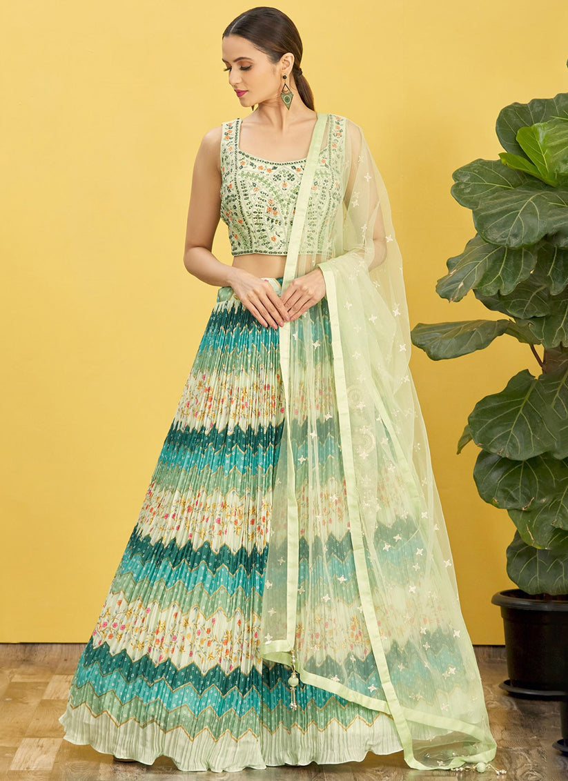 Rama Green Chinnon Designer Lehenga Choli Set