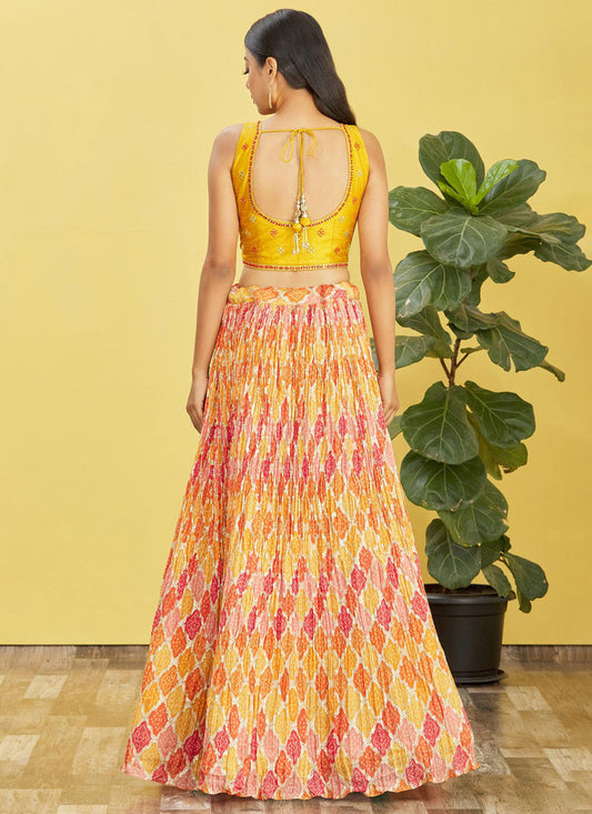 Golden Yellow Chinnon Designer Lehenga Choli Set