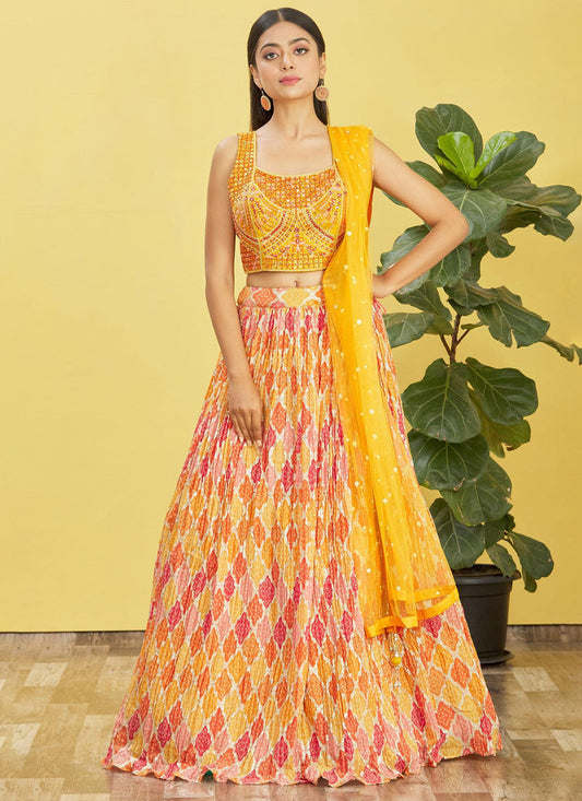 Golden Yellow Chinnon Designer Lehenga Choli Set