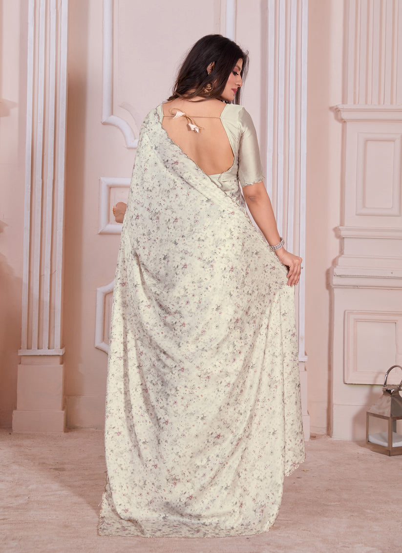 Cream Pure Satin Georgette Party Wear Saree