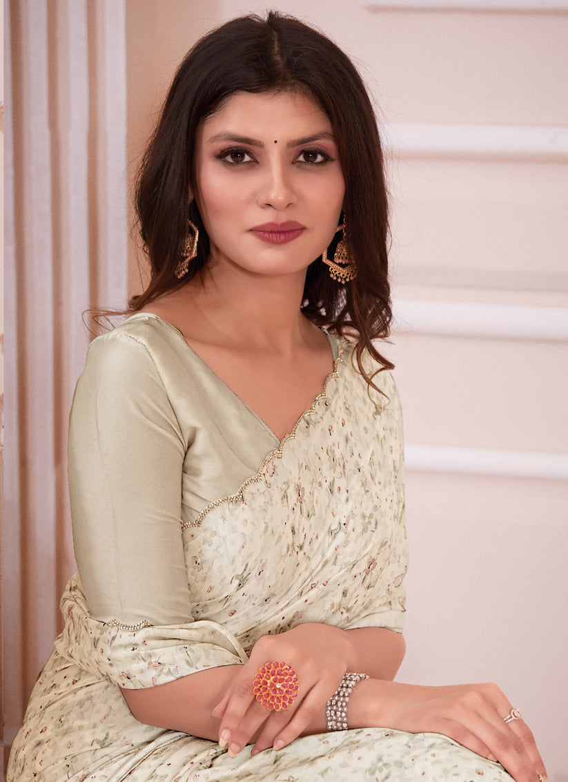 Cream Pure Satin Georgette Party Wear Saree