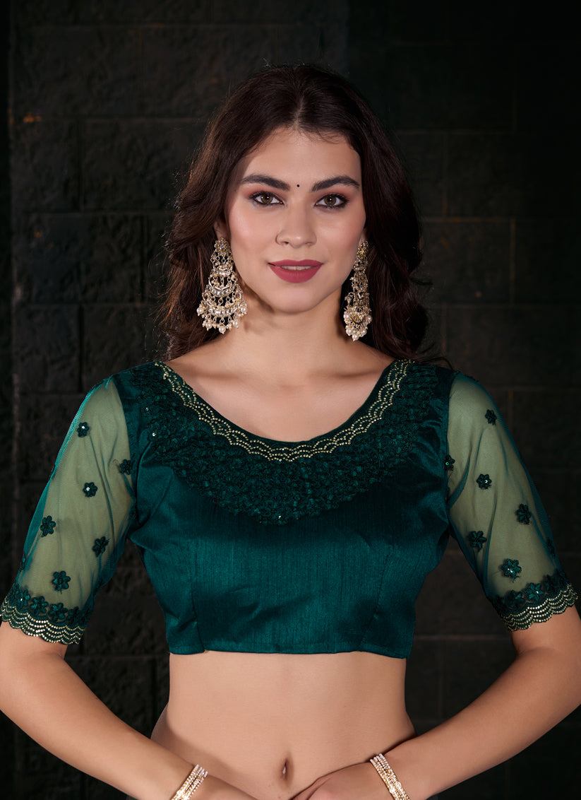 Bottle Green Pure Satin Chiffon Party Wear Saree