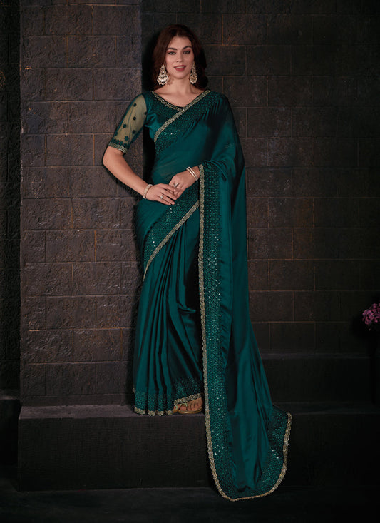 Bottle Green Pure Satin Chiffon Party Wear Saree