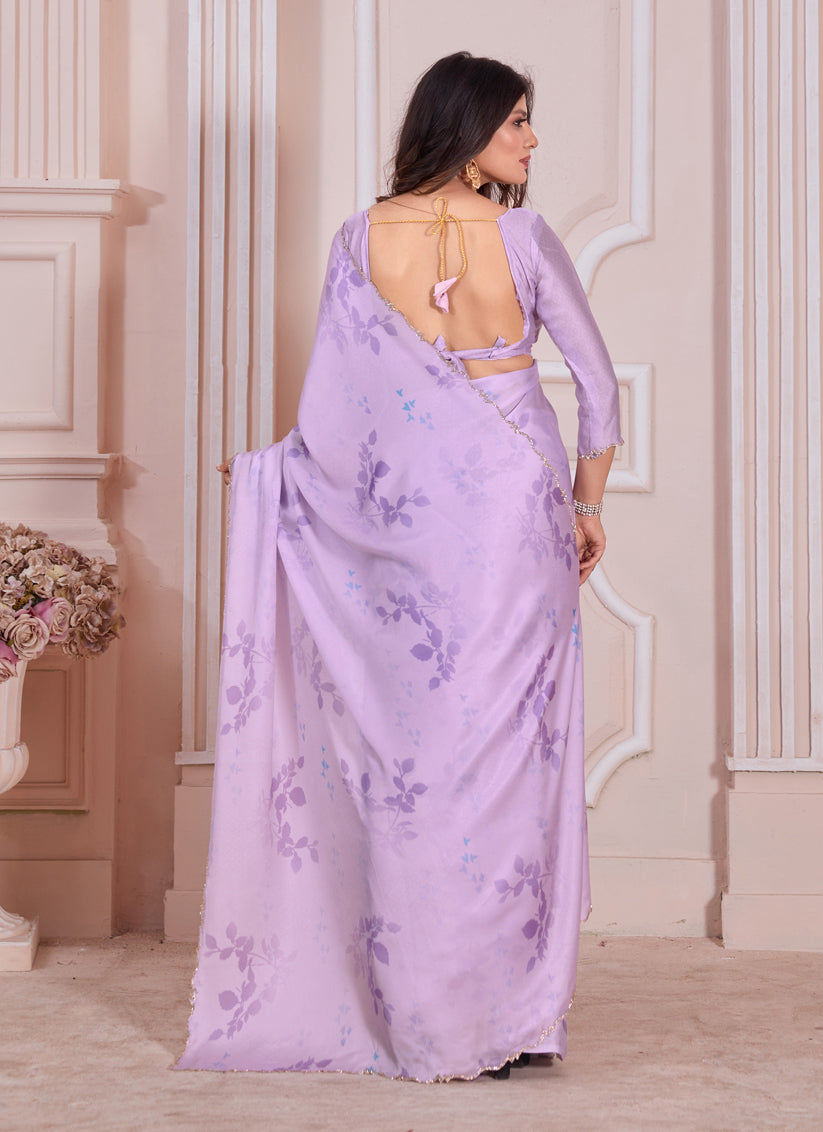 Lavender Pure Satin Georgette Party Wear Saree