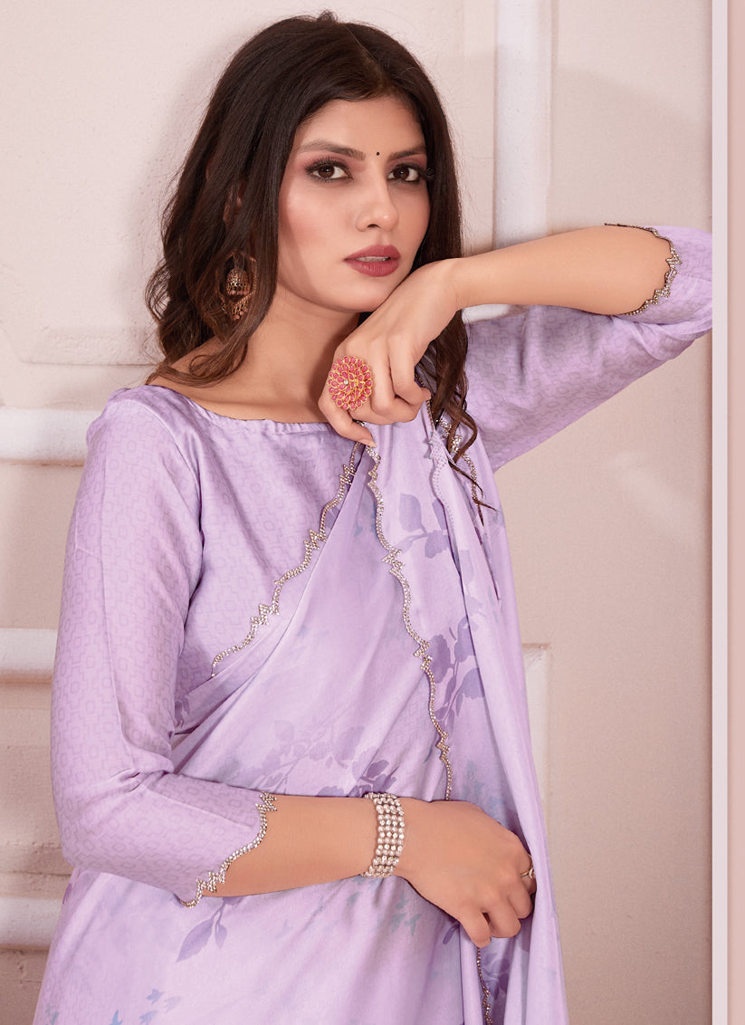 Lavender Pure Satin Georgette Party Wear Saree