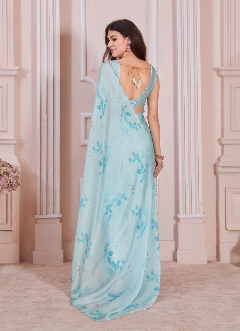 Sky Blue Pure Satin Georgette Party Wear Saree